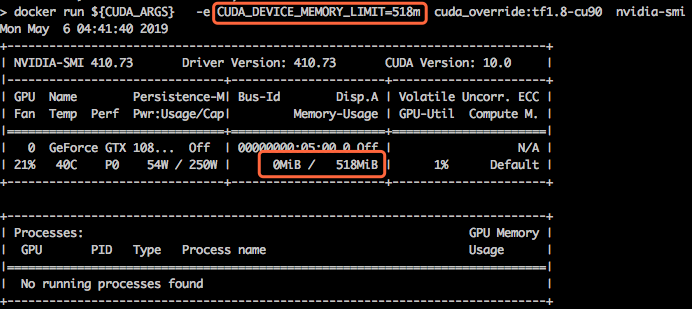 nvidia-smi output showing virtualized GPU memory with HAMi-core